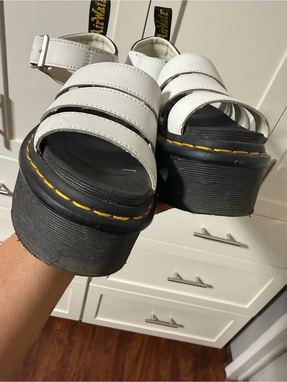 Dr. Martens White Leather Platform Gladiator Sandals with Yellow Stitching